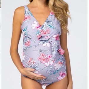 Lavender Floral Waist Tie Maternity One-Piece Swim